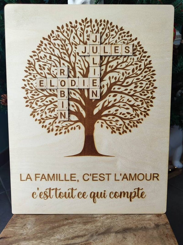 Cadre arbre de famille personnalisé – Lettres Scrabble en bois