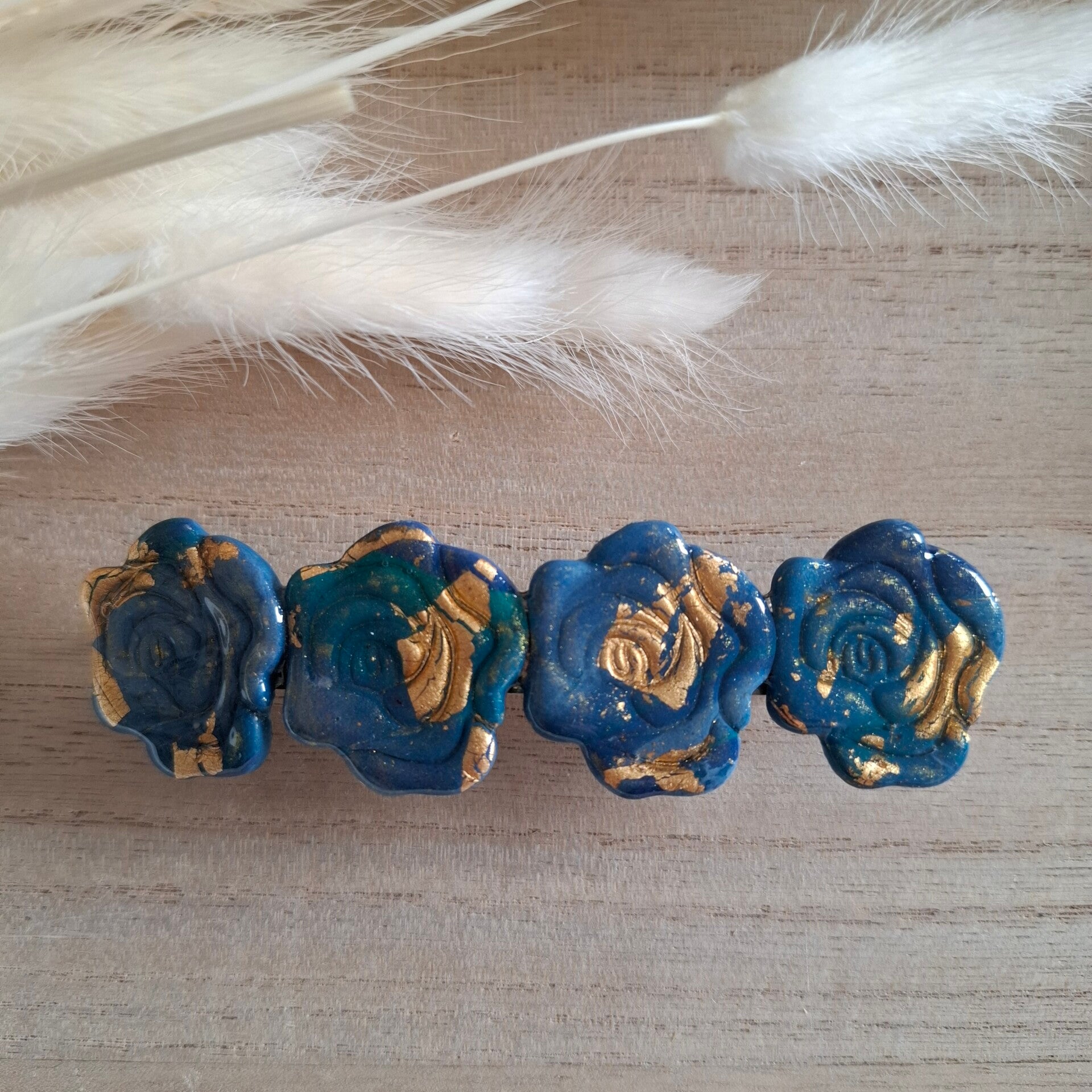 Haarspeld 10cm - Blauw/gouden rozen