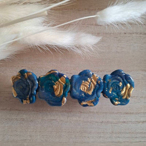 Haarspeld 10cm - Blauw/gouden rozen