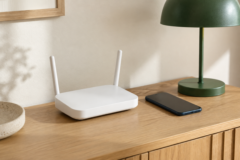 Router, teléfono móvil y lámpara sobre una mesa