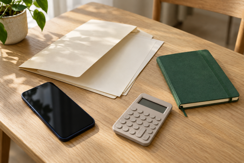 Móvil, carpeta y libreta para organizar los gastos del hogar