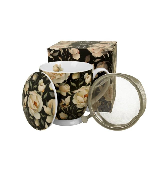 Engelse zwarte rozen mok met theefilter