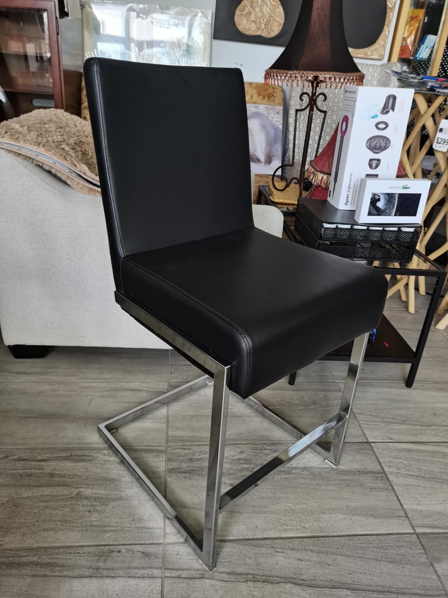 comfy big seat Room & Board, black leather bar stool, chrome legs, high back