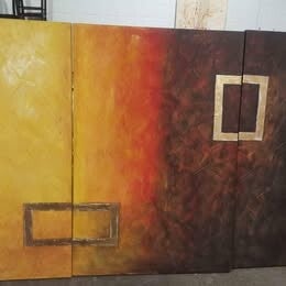 Large three panels oil canvas painting, brown yellow theme