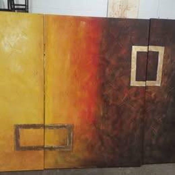 Large three panels oil canvas painting, brown yellow theme