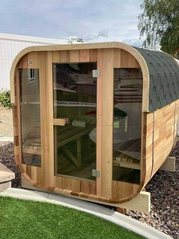 Outdoor Rustic Cedar Sauna, 4-Person Square Design, Tempered Glass Door