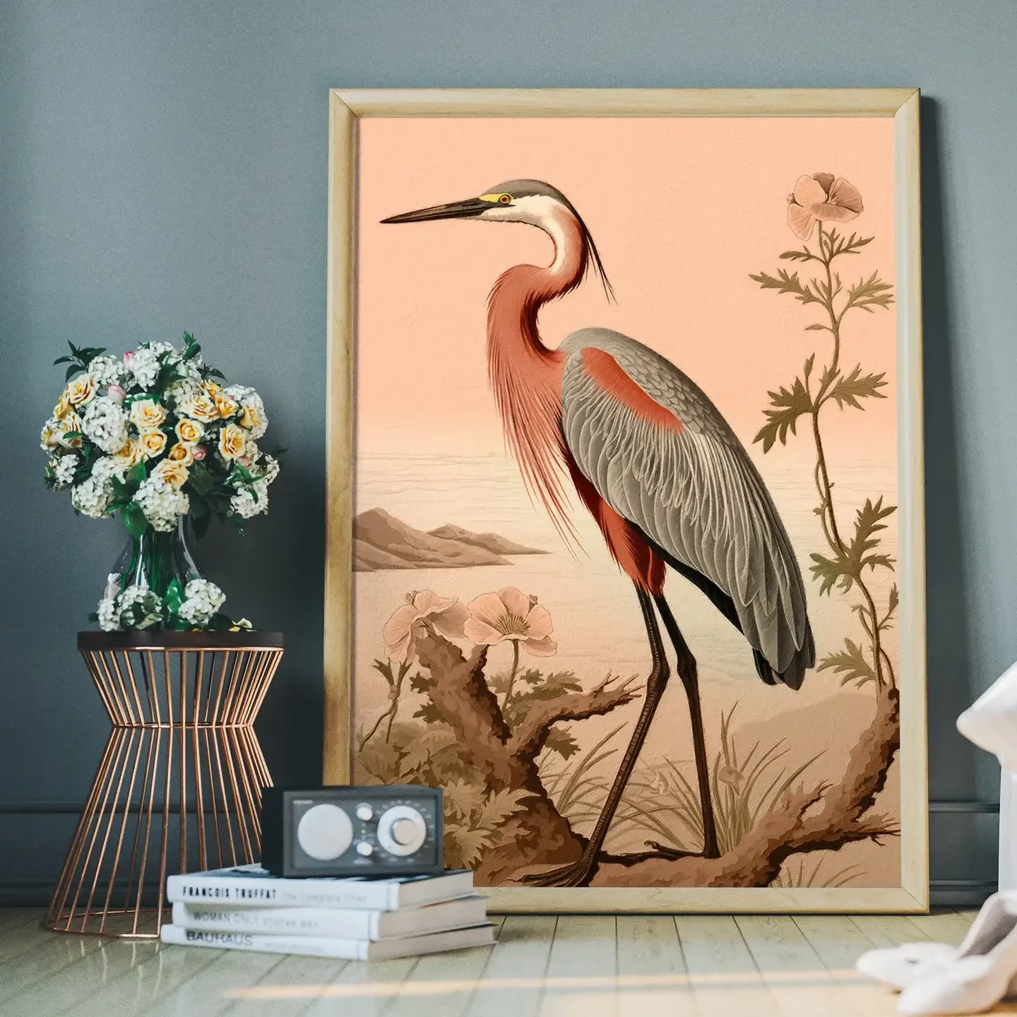 A3 Vintage Heron Illustration Peach Print