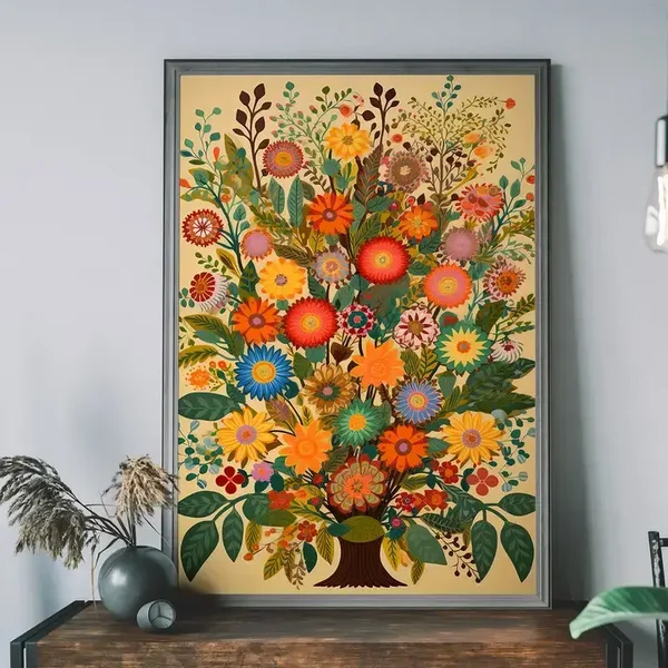 A2 Folk Art Style Flowers Light Print
