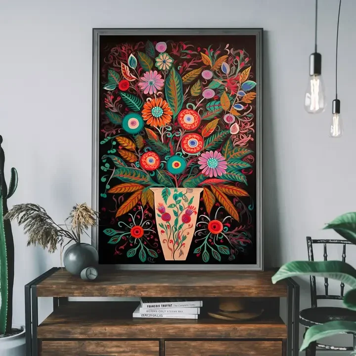A3 Folk Art Style Flowers Dark Print
