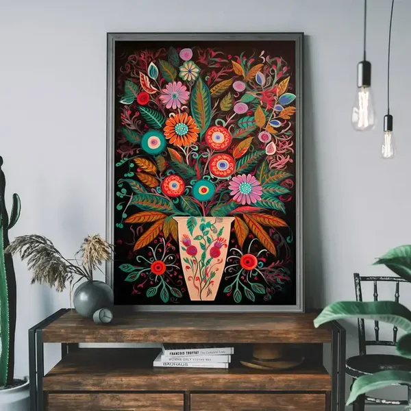 A3 Folk Art Style Flowers Dark Print