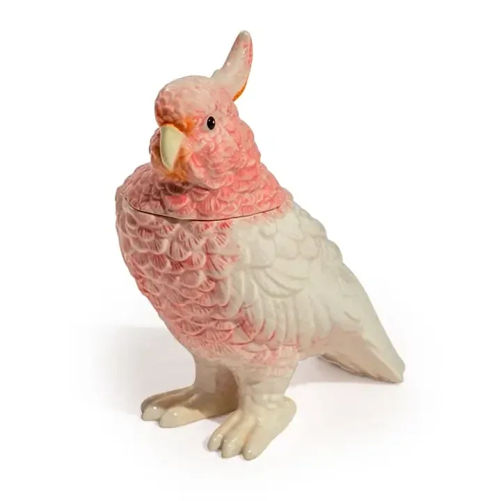 Pink & White Ceramic Parrot Storage Jar