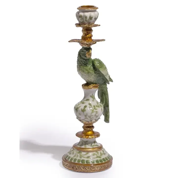 Antiqued Ornate Green/White Parrot Candle Holder