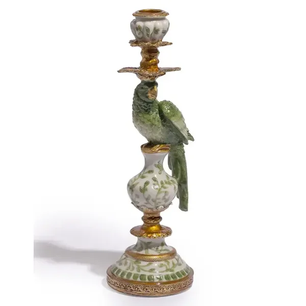 Antiqued Ornate Green/White Parrot Candle Holder