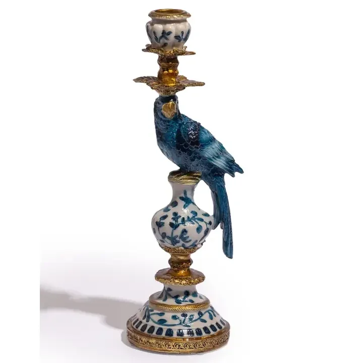 Antiqued Ornate Blue/White Parrot Candle Holder