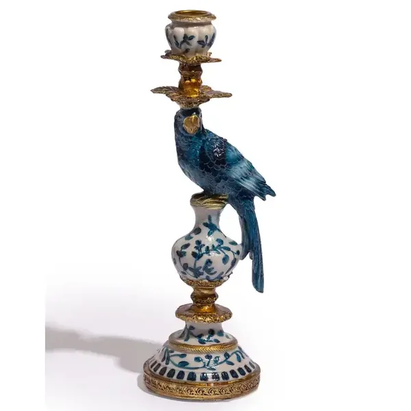 Antiqued Ornate Blue/White Parrot Candle Holder