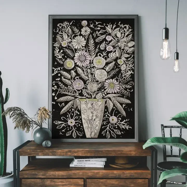 A3 Black and White Flowers Folk Art Print