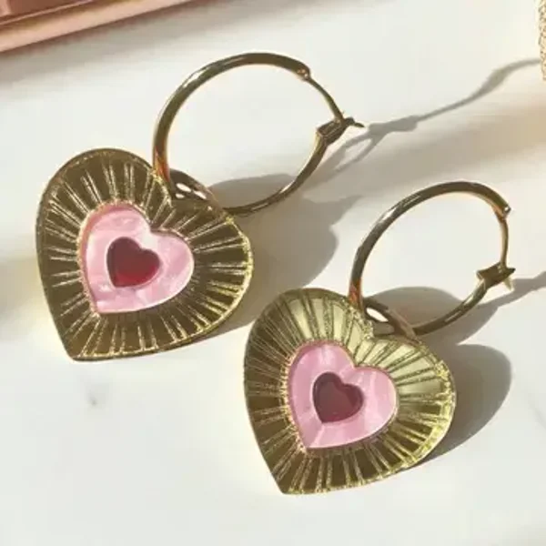 Pink, Gold and Red Heart Hoop Earrings