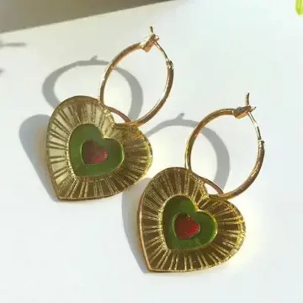 Green, Gold + Red Heart Hoop Earrings