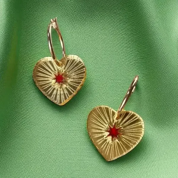 Gold Heart Hoop Earrings with Red Star Detail