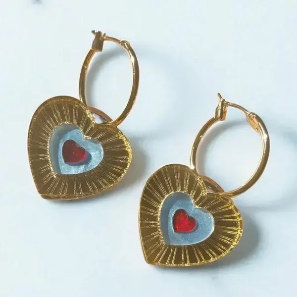 Blue, Gold and Red Heart Hoop Earrings