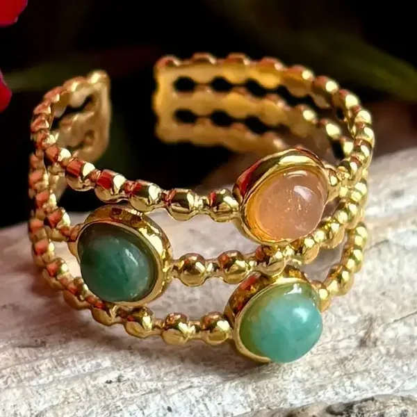 18ct Gold Plated Natural Stone Triple Band Ring