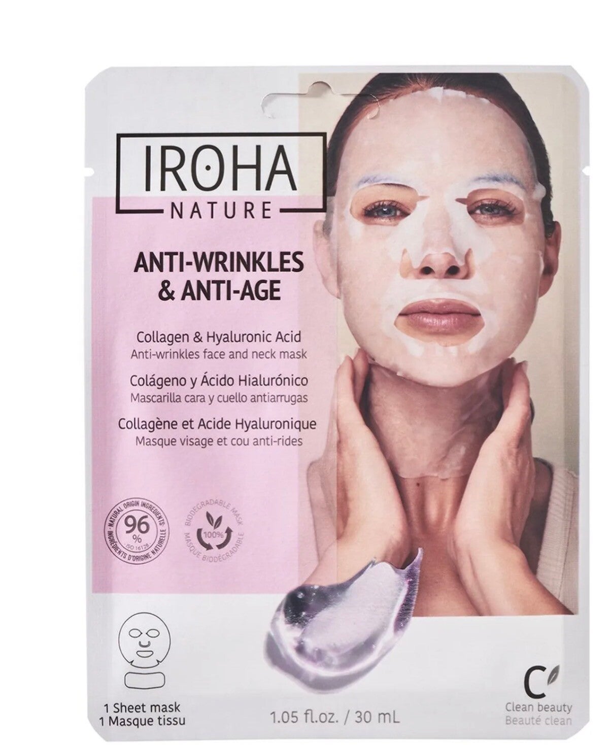 IROHA – Masque Visage & Cou en Tissu Anti-Rides au Collagène – 30 ml
