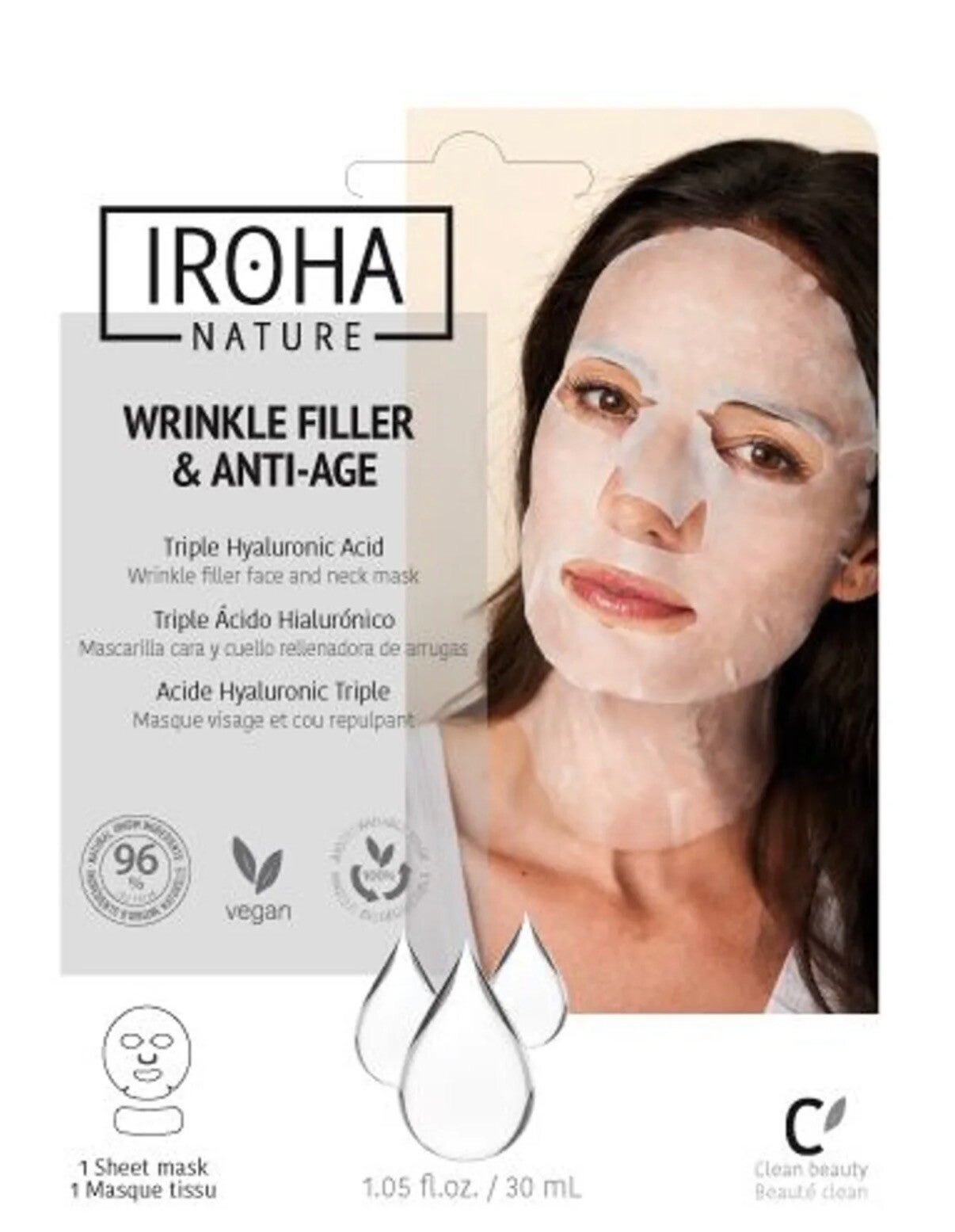 IROHA – Masque Visage & Cou en Tissu Anti-Rides à l’Acide Hyaluronique – 30 ml