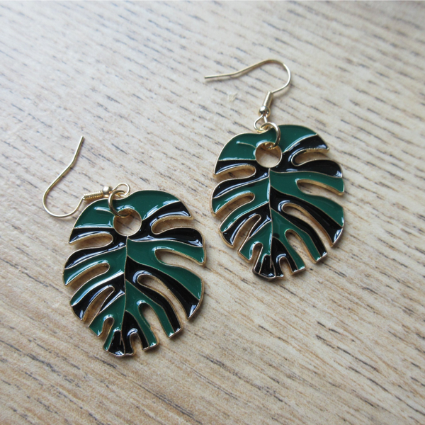 Oorbellen Monstera blad Groen/Zwart