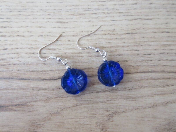 Oorbellen Bloem Donker blauw Glas