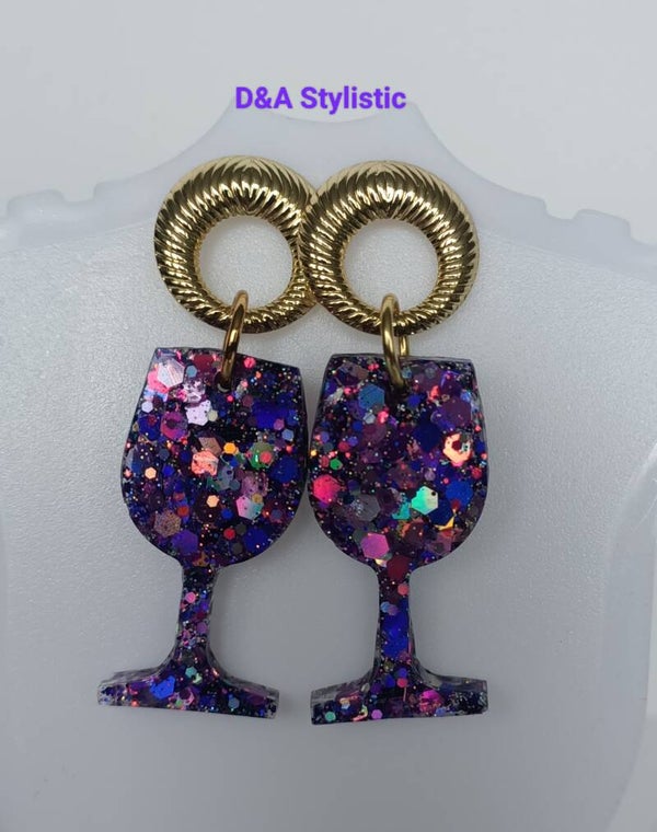 Purple Glitter Wineglas Earrings