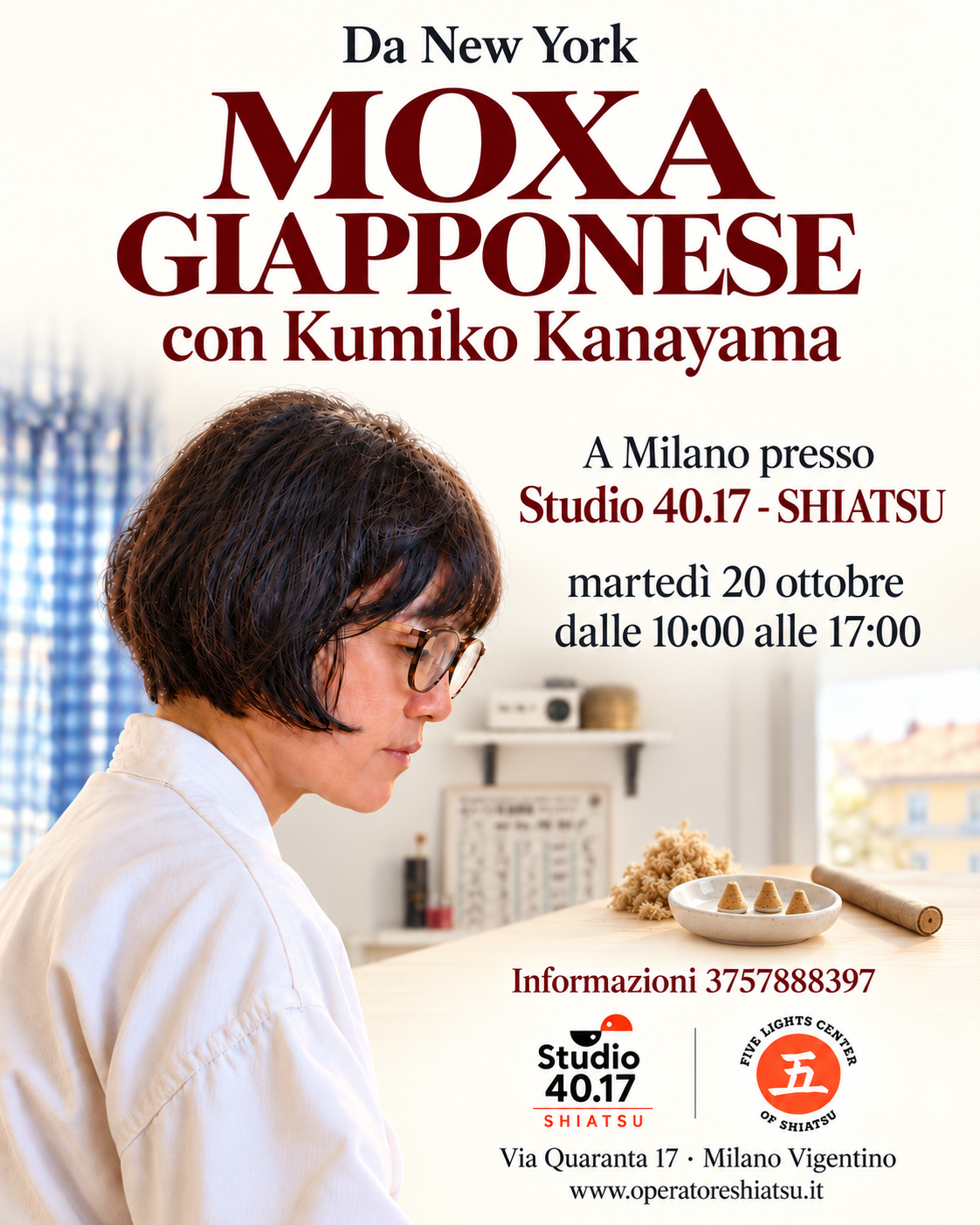 Da New York, Moxa giapponese con Kumiko Kanayama. Martedì 20 ottobre, dalle 10 alle 17, Studio 40.17, via Quaranta 17, Milano.
