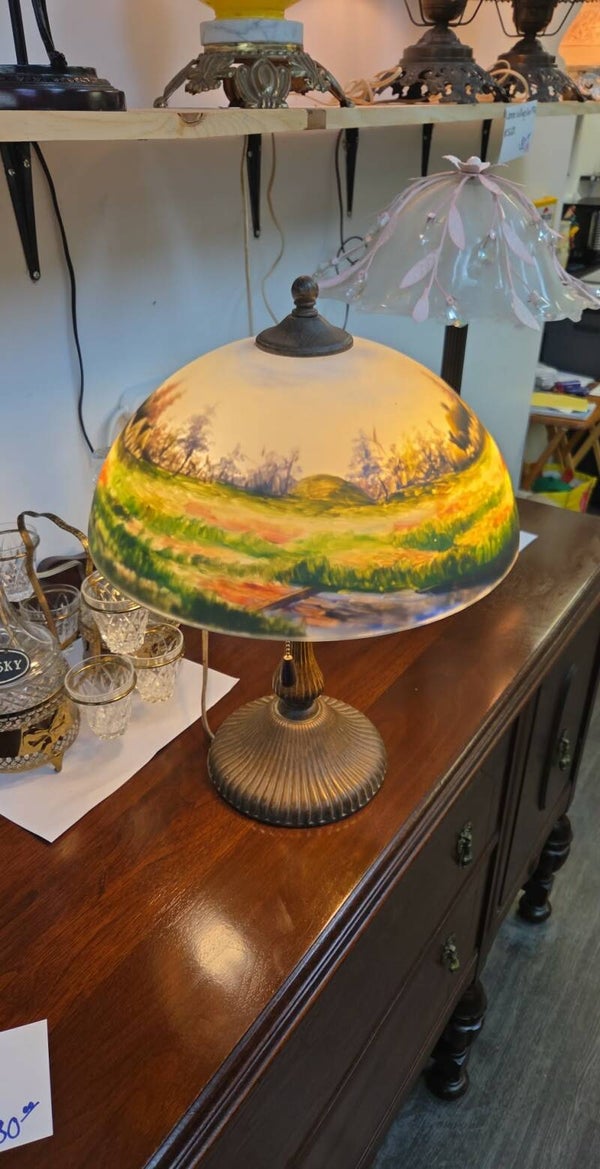 Vintage 1990s Lampe Paysage a peinture inversé Style Thomas Kinkade