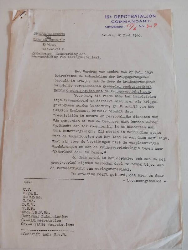 12e Regiment infanterie afschrift Generaal Winkelman 10 juni 1940