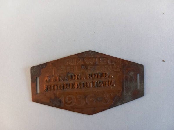 Fiets belasting plaatje met naam. - Dutch  bicycle tax plate