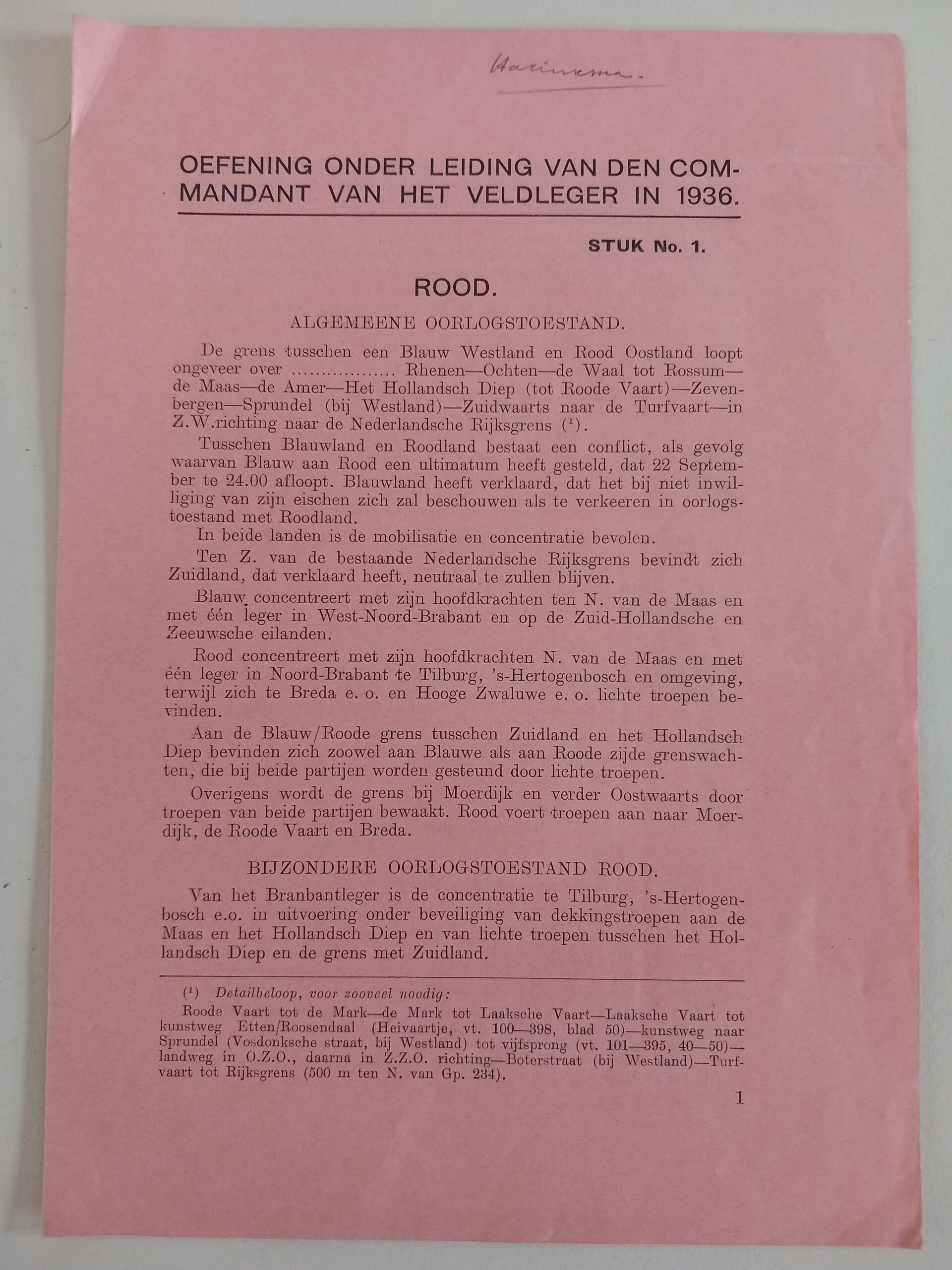 Document oefening Nederlands veldleger 1936- exercise Dutch army 1936