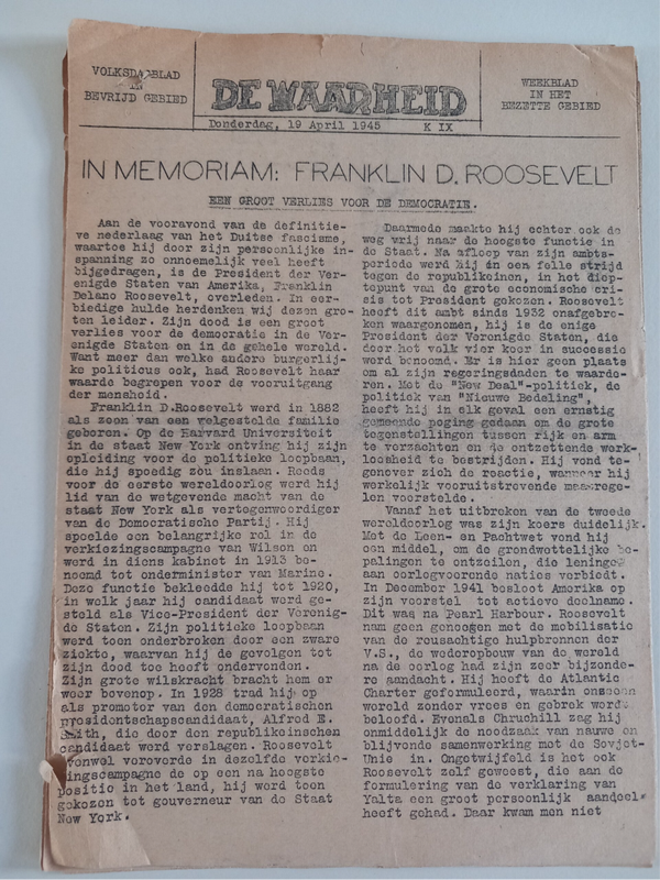 Trouw verzetskrant 19 april 1945 Roosevelt