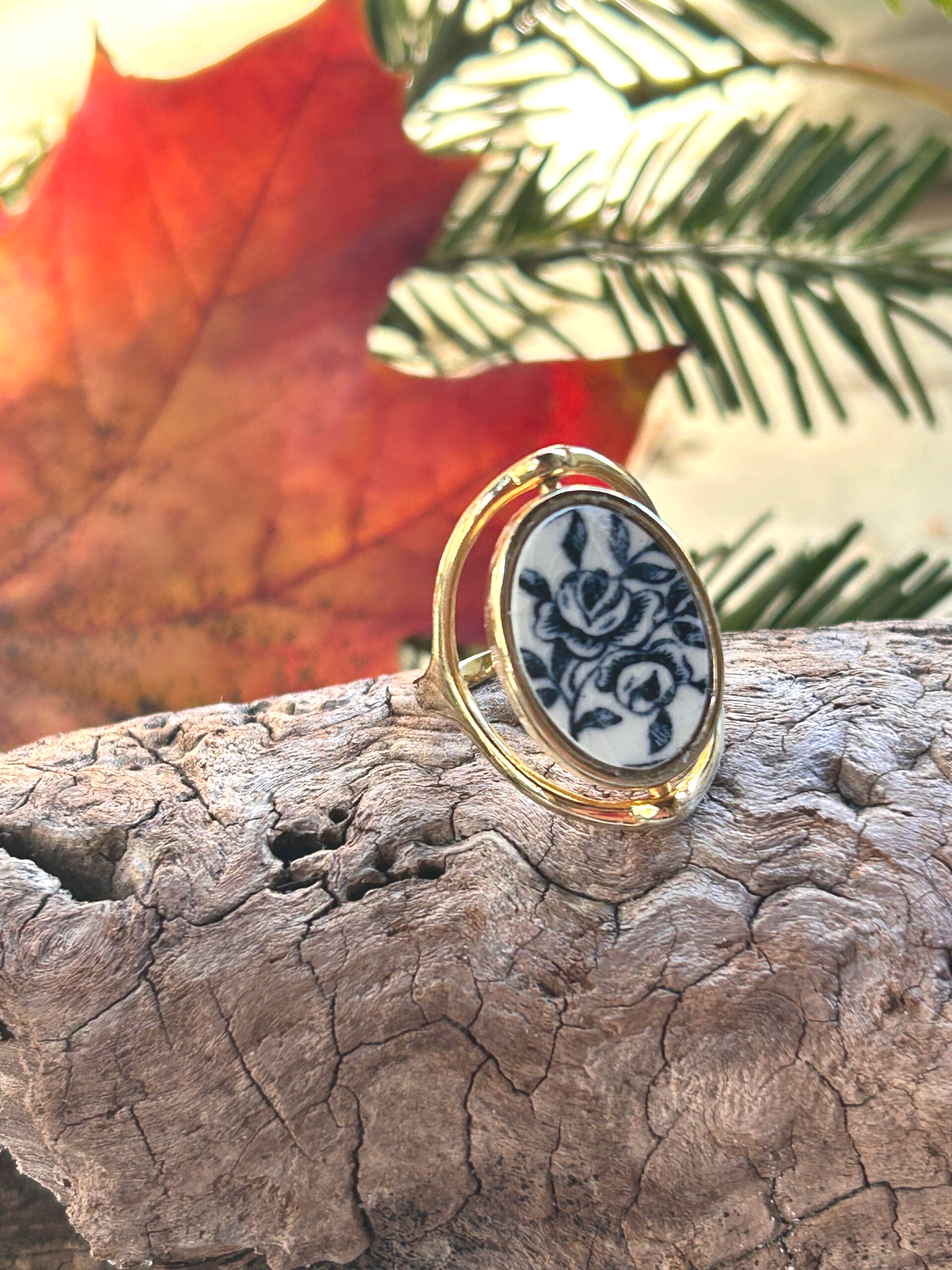 Bague réversible - Jardin – Doré, fleurs bleues & vertes