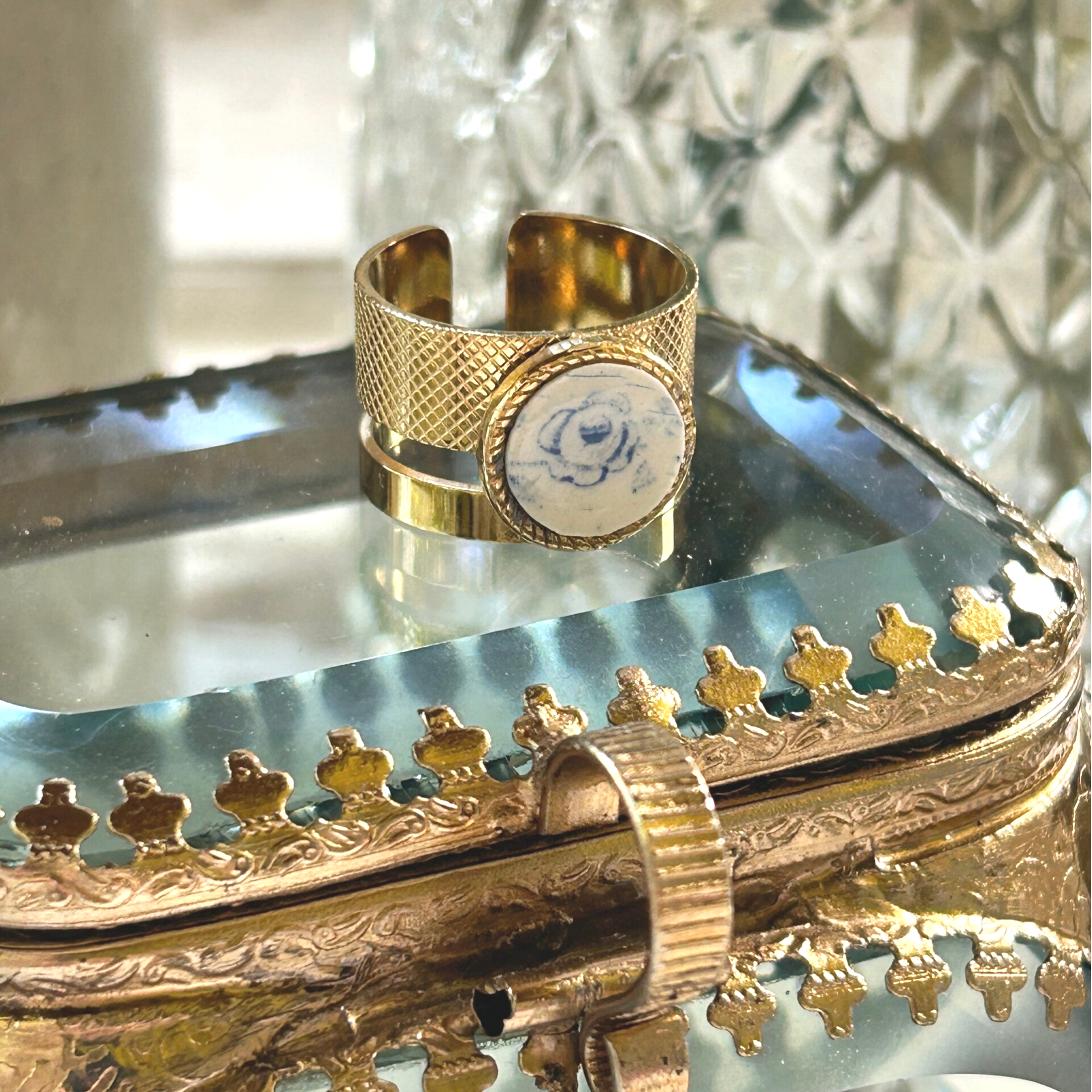 Bague double anneaux - rose bleue