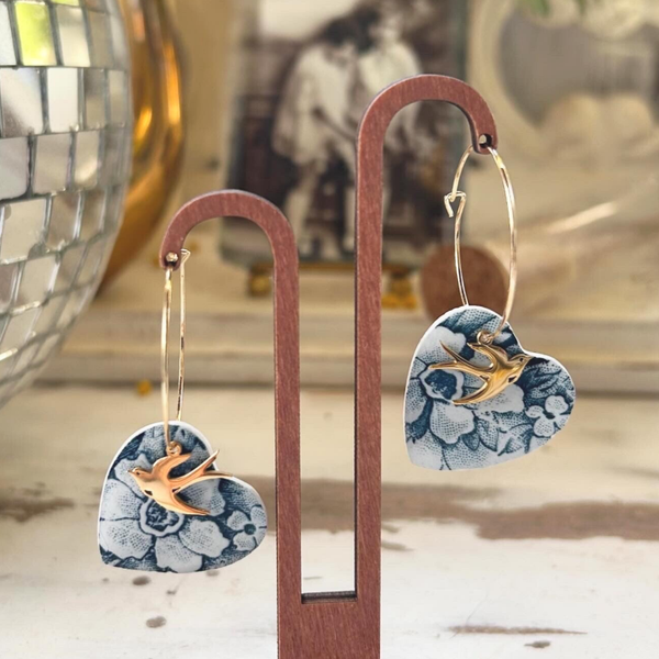 Boucles créoles -  cœurs Marie Louise et hirondelles