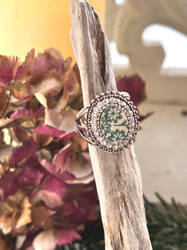 Bague Élégante Florale - Faïence terre de fer - verte