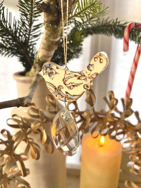 Suspension de Noël - oiseau et cristal - sépia et bleu