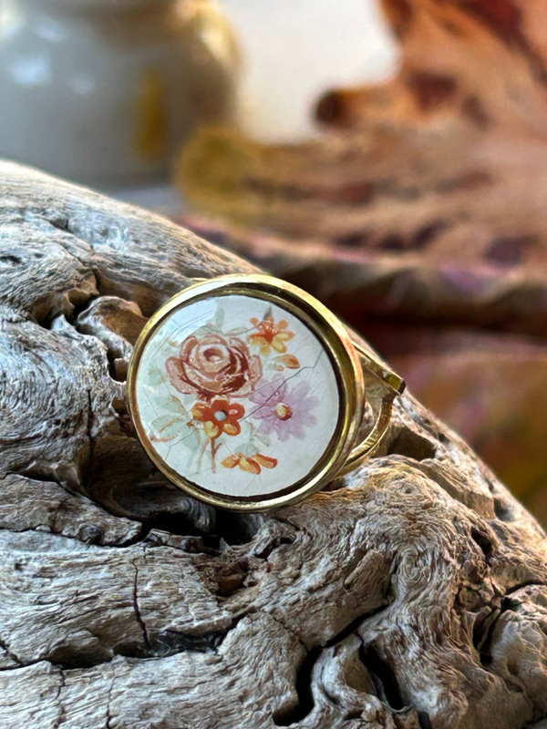 Bague Médaillon bouquet doré   - Faïence  Salins - Empire