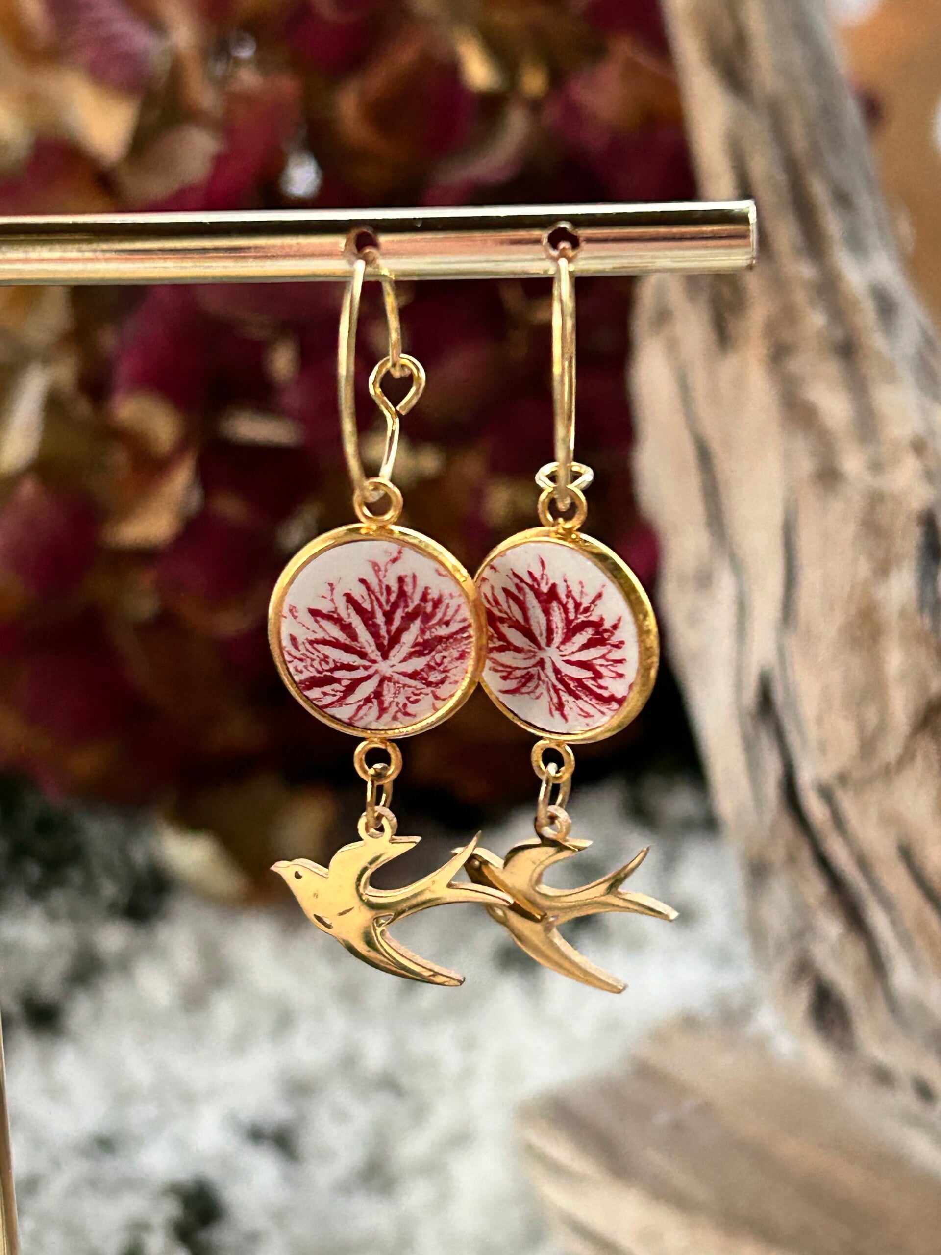 Boucles d’oreilles Hirondelles & Faïence - rouge