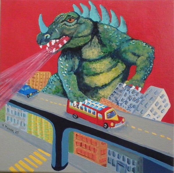 Barbara Moran 12 x 12 Wrapped Canvas Acrylic Painting- Highway Kaiju One