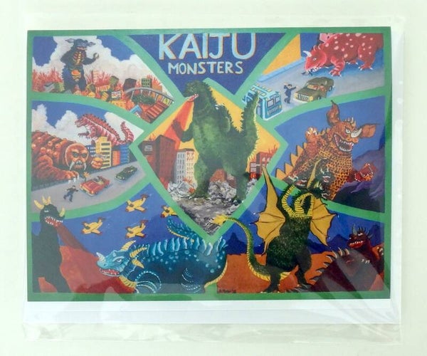 Kaiju Monsters Folded Note Card.  4.25 x 5.5