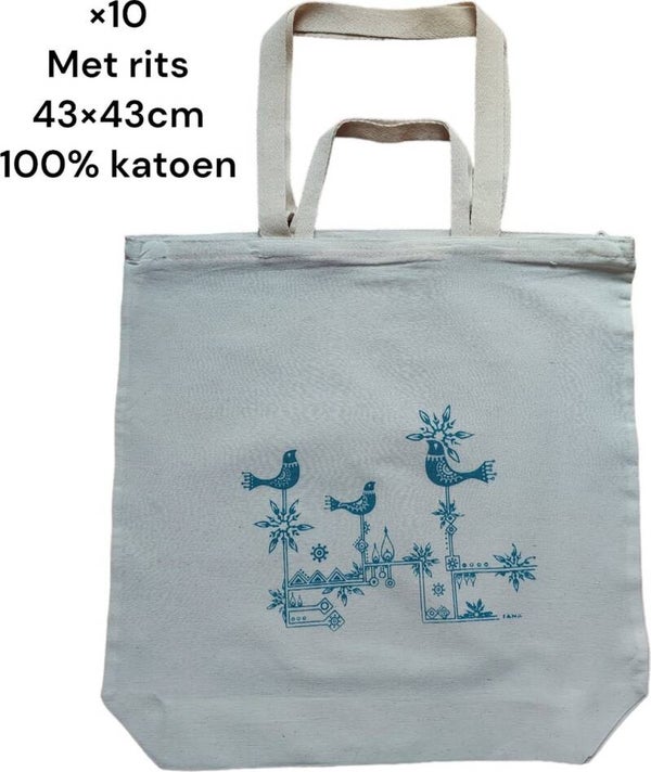 Canvas Tote Bag - Naturel- 270gr katoenen - 43x43x10cm - Met rits - 10 Stuks - vogel op een boomtak.