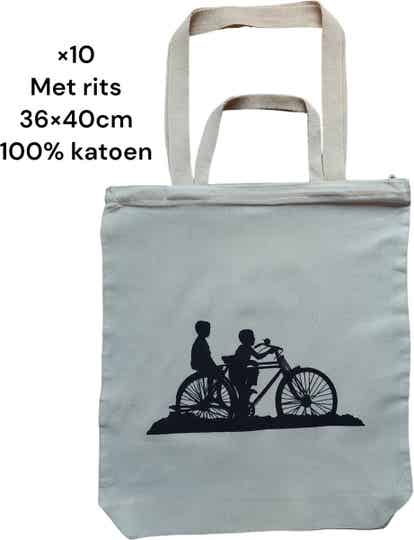 Canvas Tote Bag - Naturel - 270gr katoenen - 36x40x10cm - Met rits - 10 Stuks - fietsende kinderen.