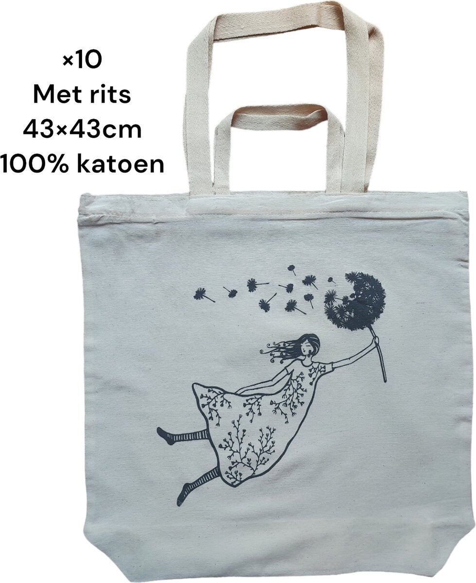 Canvas Tote Bag - Naturel - 270gr katoenen - 43x43x10cm - Met rits - 10 Stuks - meisje in de wind.