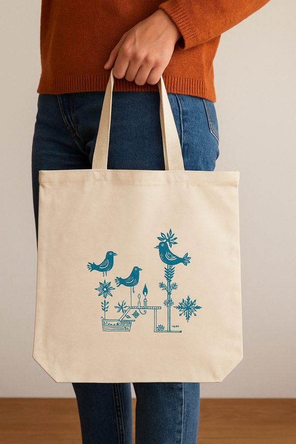 Canvas Tote Bag - Naturel- 270gr katoenen - 43x43x10cm - Met rits - 10 Stuks - vogel op een boomtak.