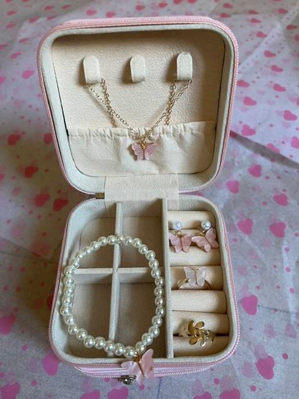 Coffret bijoux - Papillon Rose - Parure complète en boite cadeau